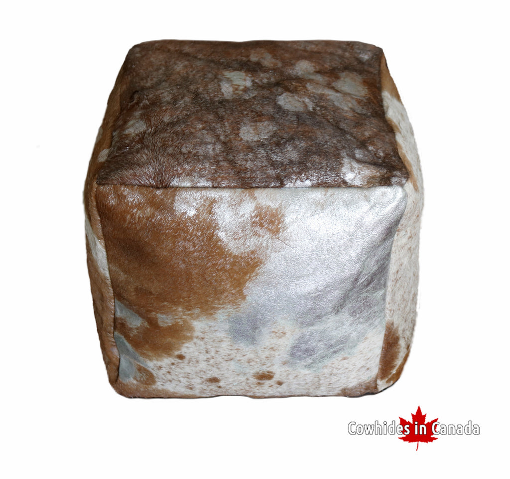 16' Acid Wash Silver Brown and white cowhide pouf. Code 98392.