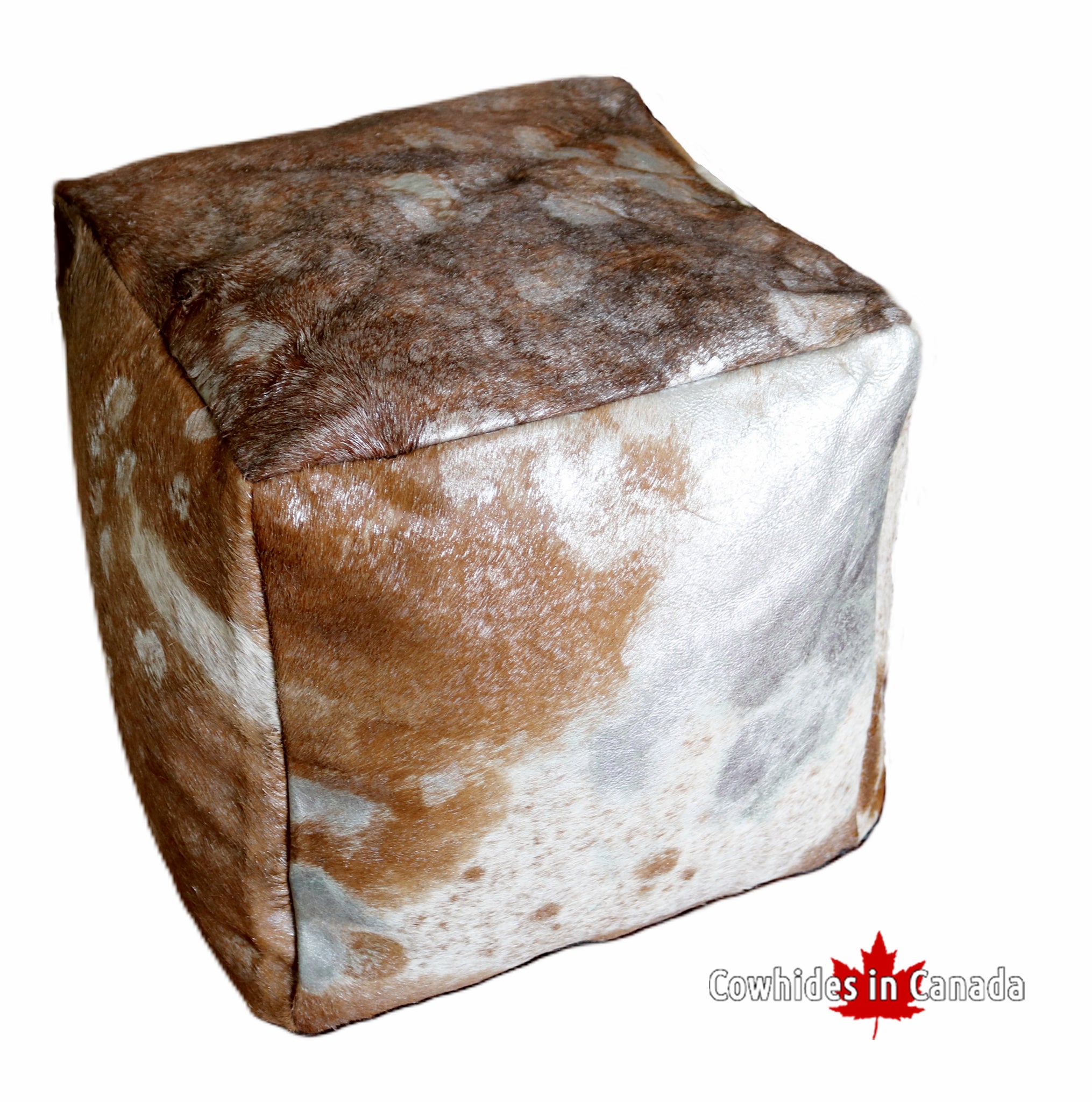 16' Acid Wash Silver Brown and white cowhide pouf. Code 98392.