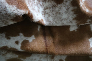 Brown and white cowhide rug. Code 96096.