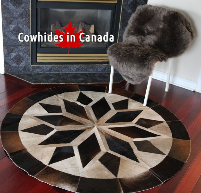 62' Round Brown cowhide patchwork rug. Code 98074