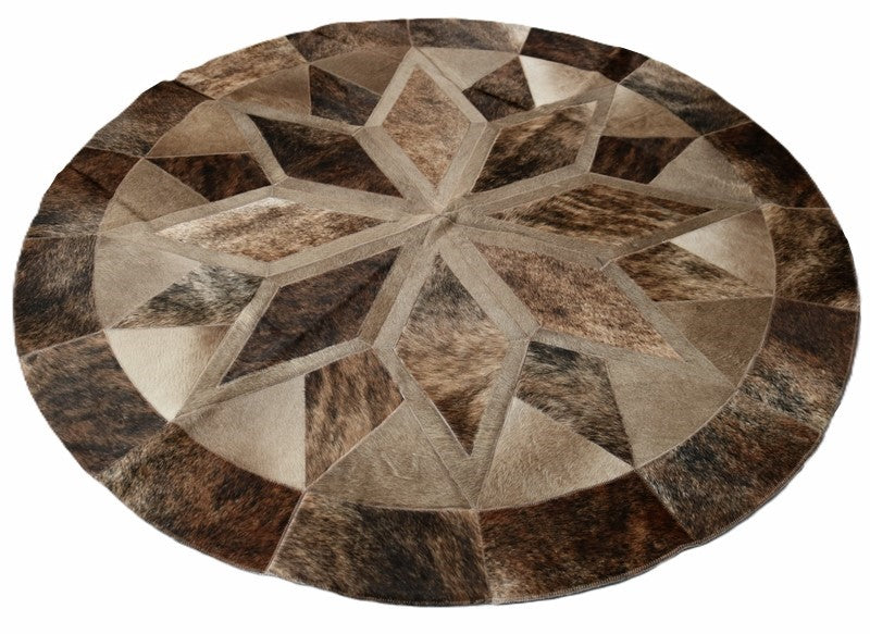 62' Round Brown cowhide patchwork rug. Code 98076.