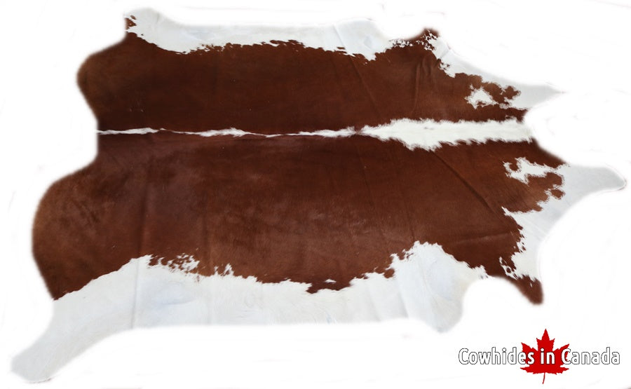 Brown and white cowhide rug